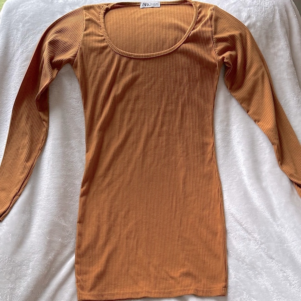 Zara Fitted Long Sleeve Dress light brown Size M